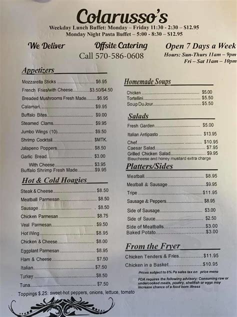 colarussos menu  Take-Out/Delivery Options
